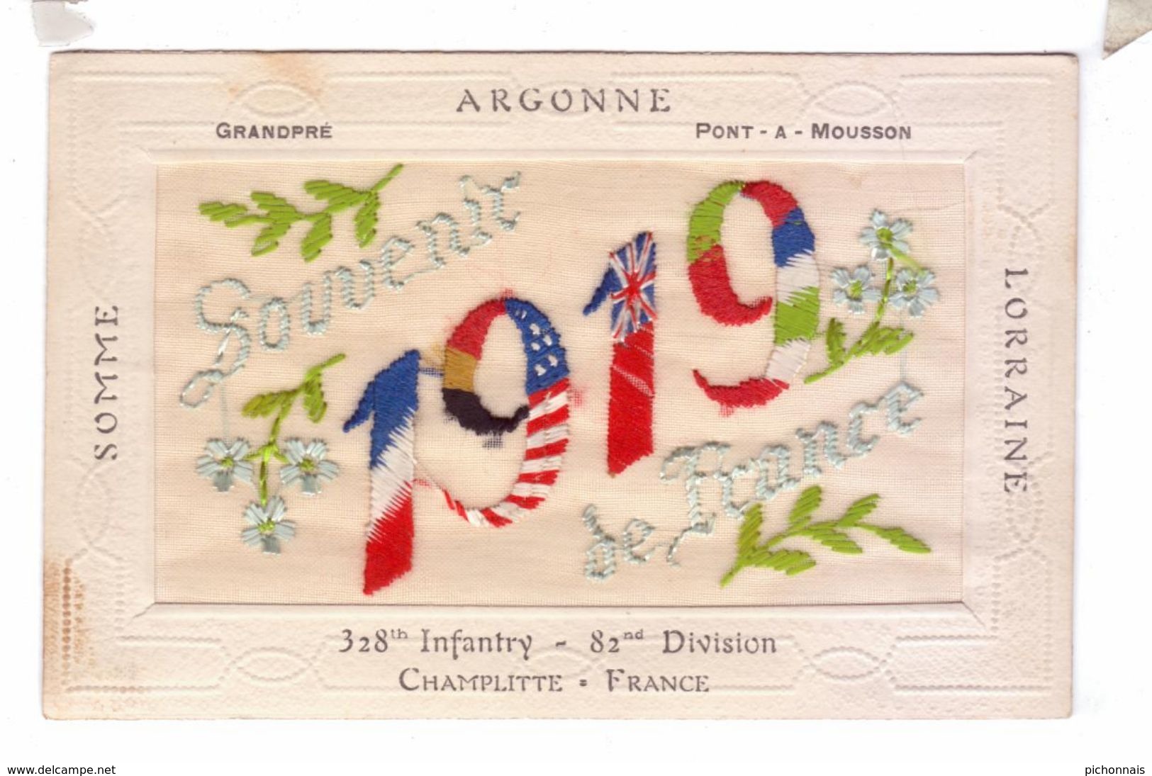 Guerre 14 18 Carte Brodee Drapeau Allies Argonne Grand Pre Pont A Mousson 328 Th Infantry Champlitte Embroidered - Heimat