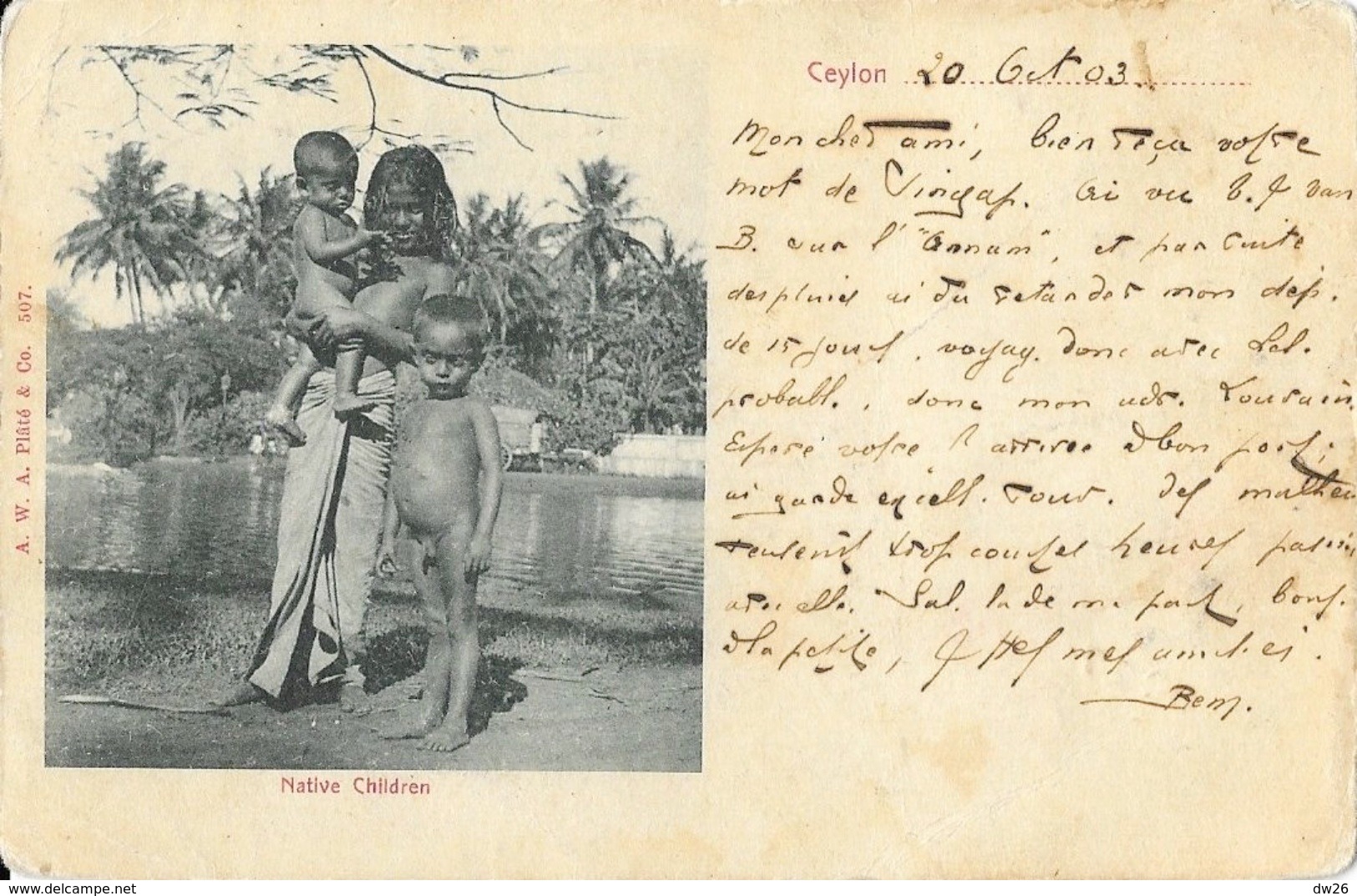 Sri Lanka (Ceylon, Ceylan) - Native Children 1903 - Carte Dos Simple A.W.A. Plâté & Co. - Sri Lanka (Ceilán)