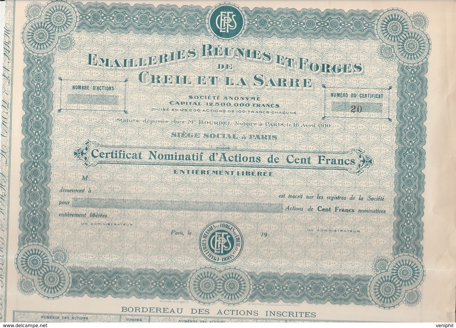 CERTIFICAT NOMINATIF NEUF -  EMAILLERIES REUNIES ET FORGES DE CREIL ET LA SARRE - 1910 - Industrie