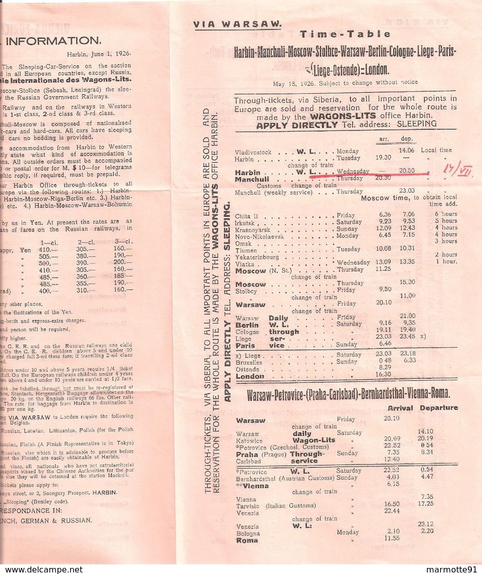 TIME TABLE HORAIRES WAGON LITS TRAIN HARBIN MOSCOW BERLIN PARIS LONDON 1926 CHINE EUROPE ASIE RUSSIE - Mundo