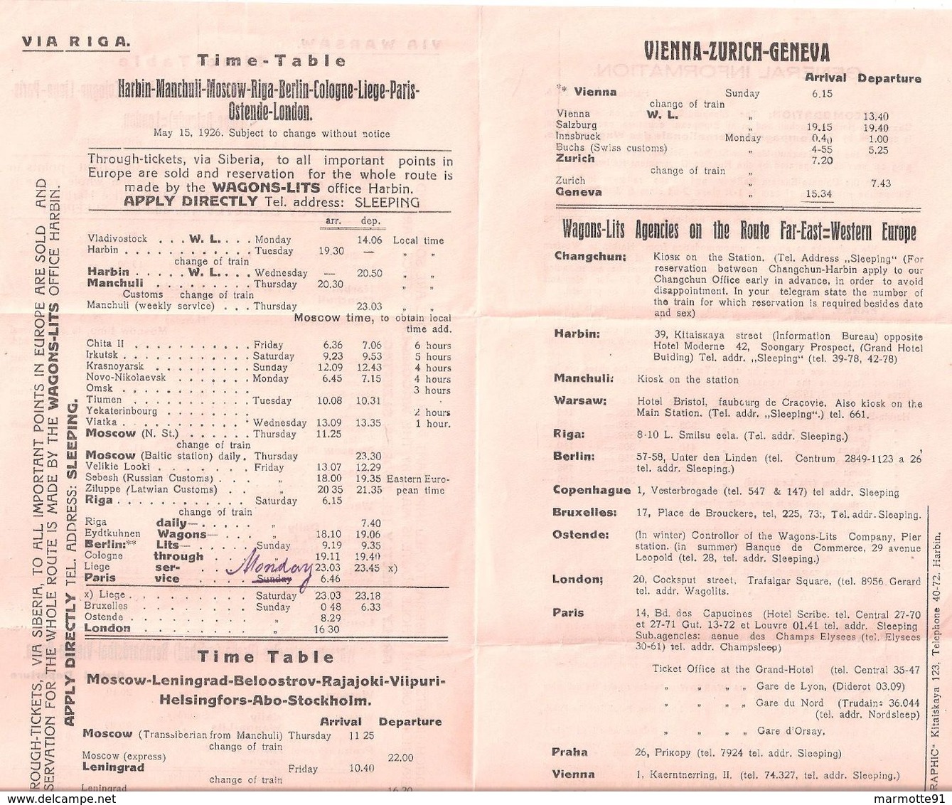 TIME TABLE HORAIRES WAGON LITS TRAIN HARBIN MOSCOW BERLIN PARIS LONDON 1926 CHINE EUROPE ASIE RUSSIE - Monde