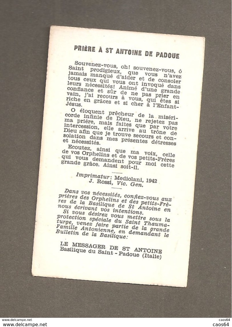 S. ANTONIO  ORA PRO NOBIS - PREGHIERA  FRANCESE - SANTINO ORIGINALE D'EPOCA - Santini