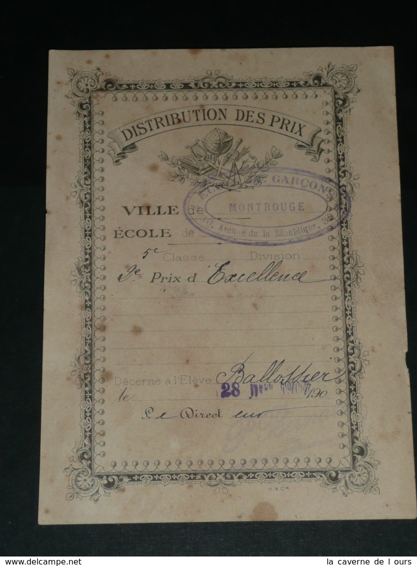 Vieux Papier, Distribution Des Prix, 2e Prix D'excellence, Ecole De Garçons De Montrouge 1907 - Diplômes & Bulletins Scolaires