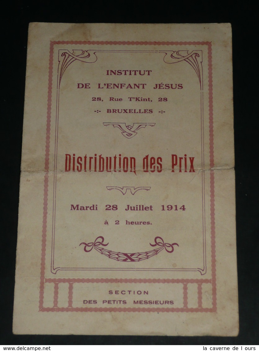 Vieux Papier, Programme De Distribution Des Prix 1914, Petits Messieurs, Institut De L'Enfant JESUS Bruxelle - Diplômes & Bulletins Scolaires