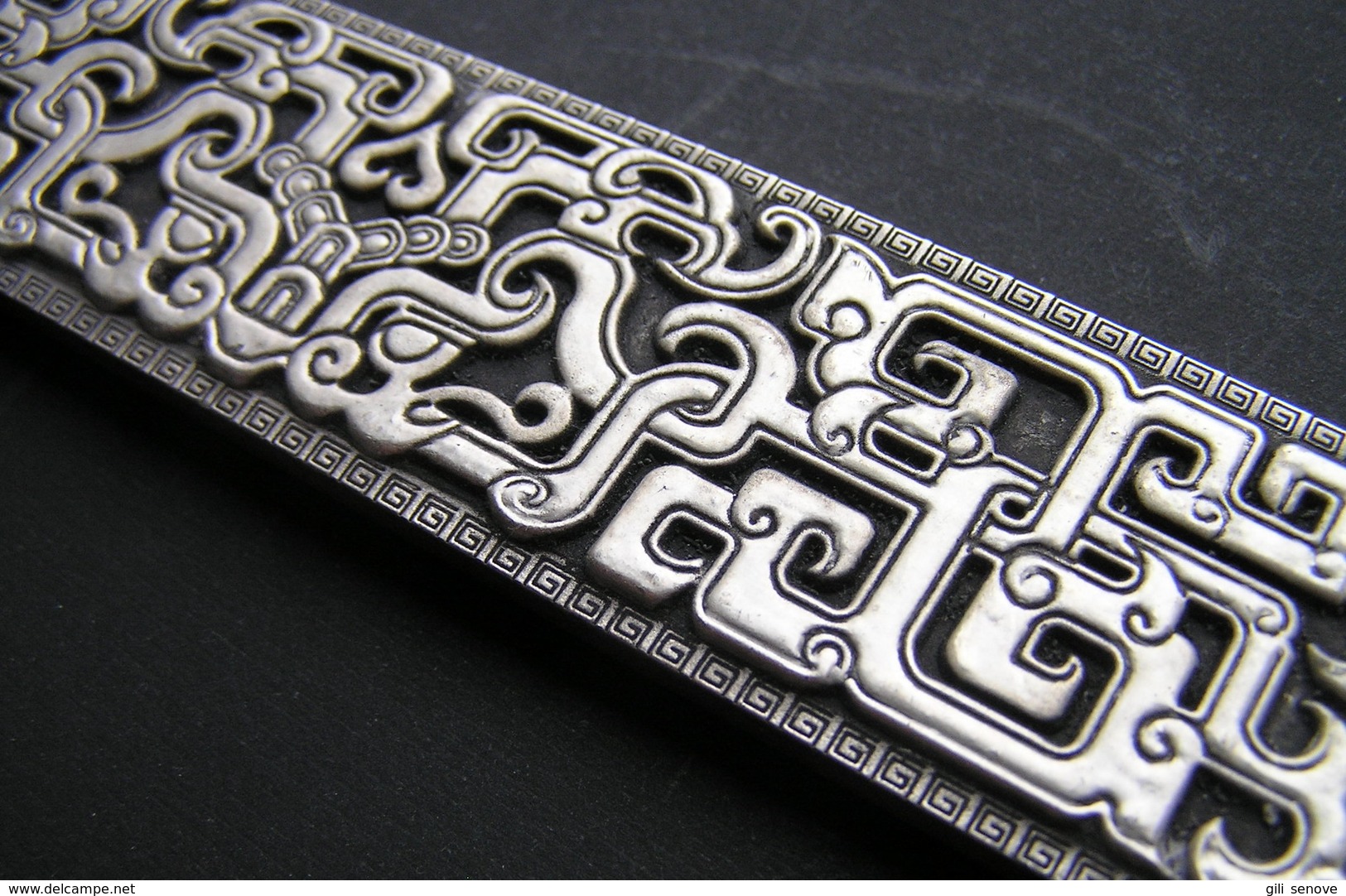 Old Handwork China Tibet Silver Carving Dragon & Calligraphy Paperweight - Paper-weights