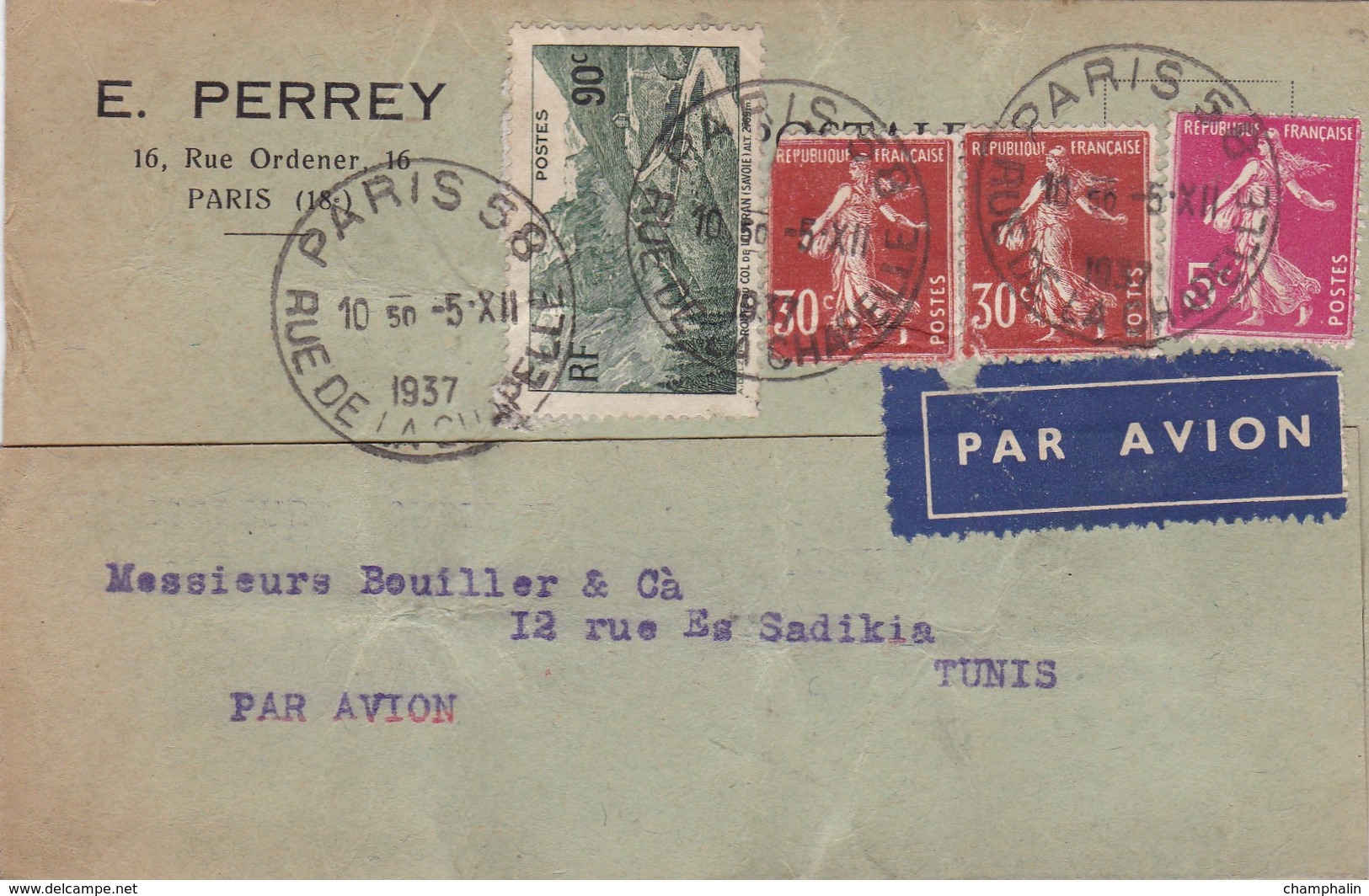 LAC De Paris (75) Pour Tunis (Tunisie) - 5 Décembre 1937 - Timbres YT278B + YT360 + YT358 - 4 CAD - Briefe U. Dokumente