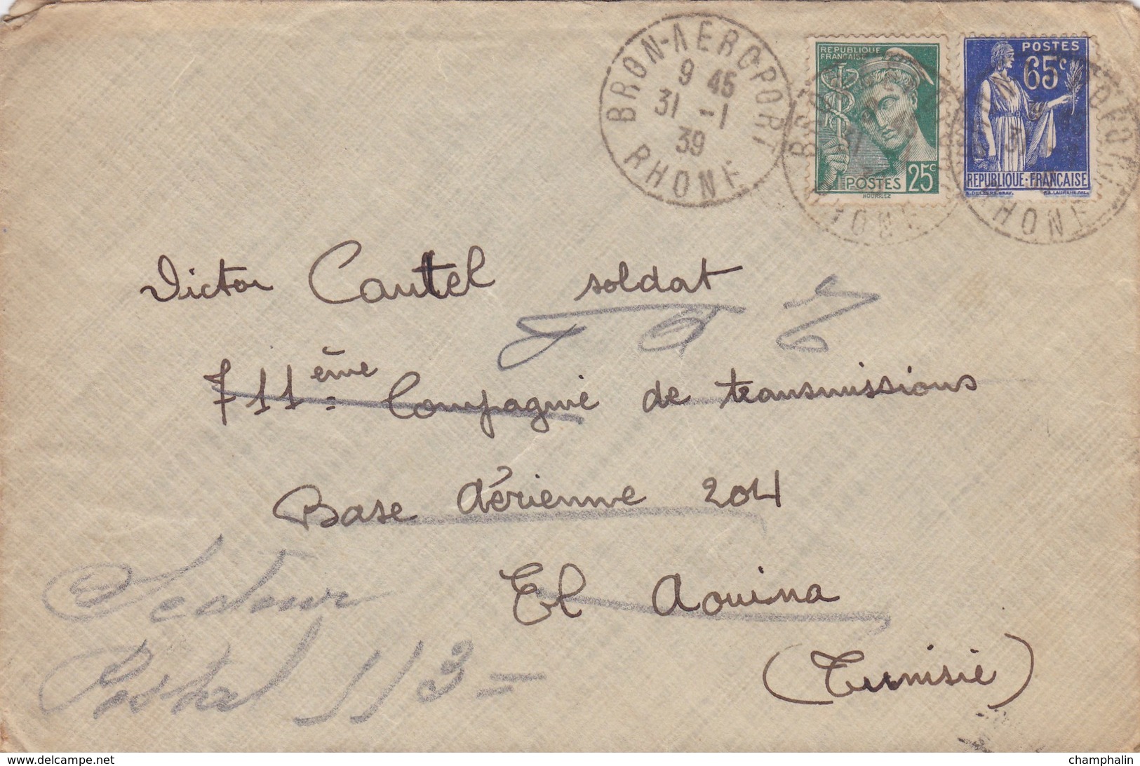 ESC De Bron (69) Pour El Aouina (Tunisie) - 31 Janvier 1939 - Timbre YT 411 & 365 - 4 CAD - 711ème C.T. BA 204 - 1921-1960: Moderne