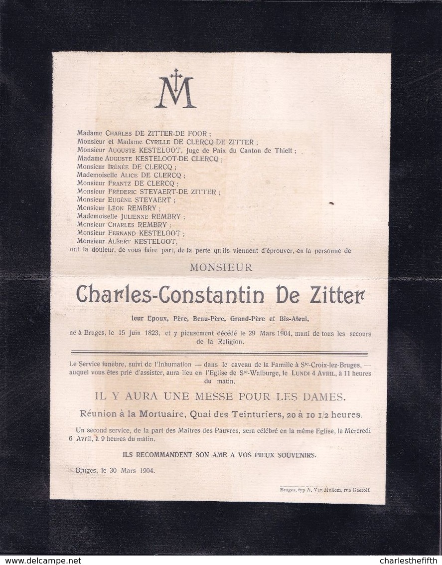 DOODSBRIEF - LETTRE DE DECES ** BRUGES - CHARLES DE ZITTER - 1823 - 1904 ** - Overlijden