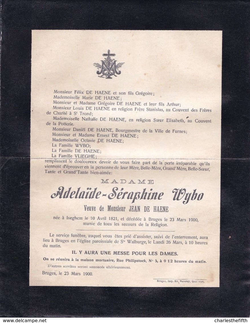 DOODSBRIEF - LETTRE DE DECES ** IZEGEM BRUGGE - ADELAIDE WYBO - DE HAENE  - 1821 - 1900 ** - Décès