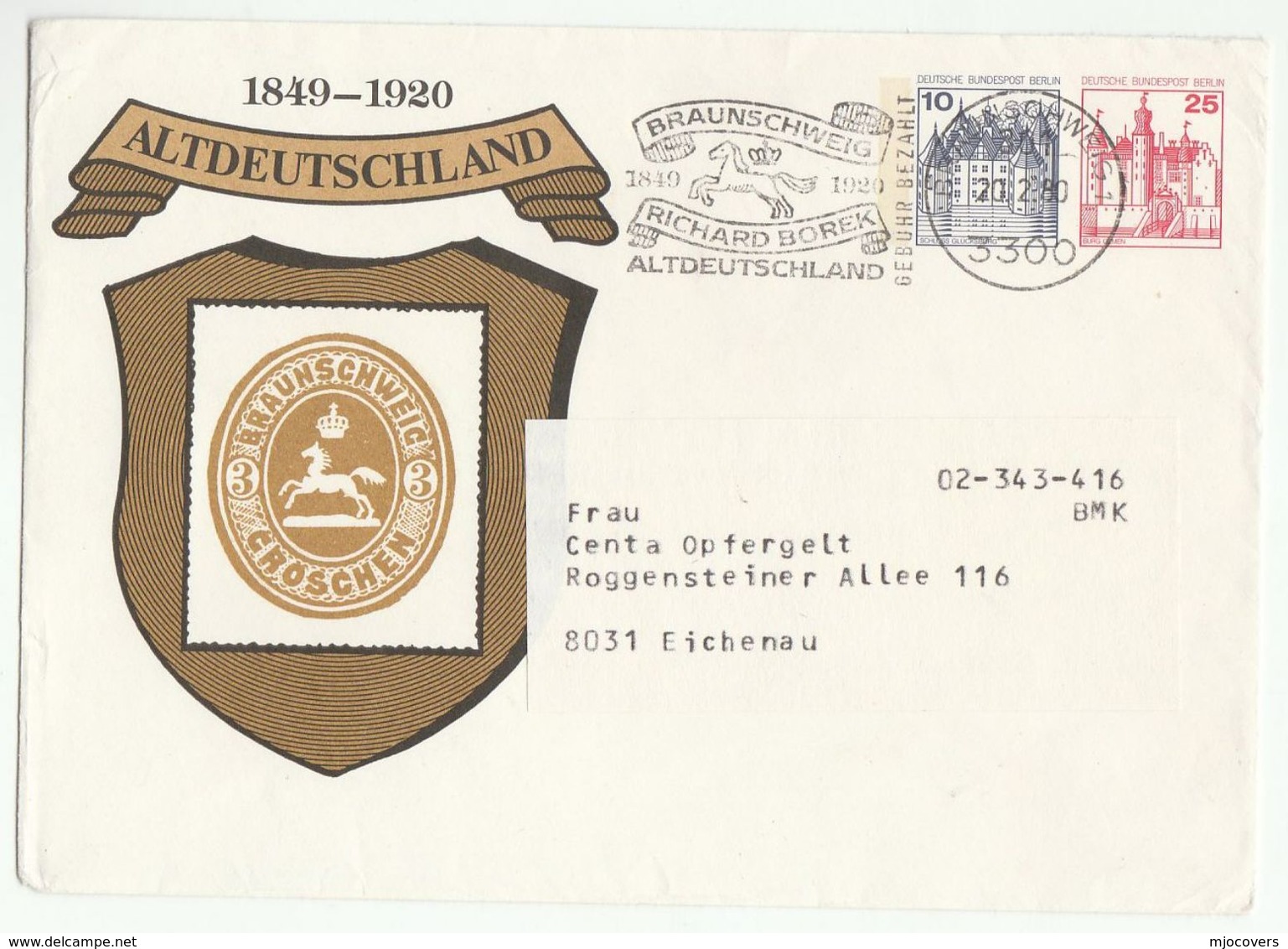 1980 Special  10+25pf POSTAL STATIONERY COVER Illus ALTDEUTSCHLAND BRAUNSCHWEIG 1849 STAMP Anniv, Germany Uprated Horse - Private Covers - Used