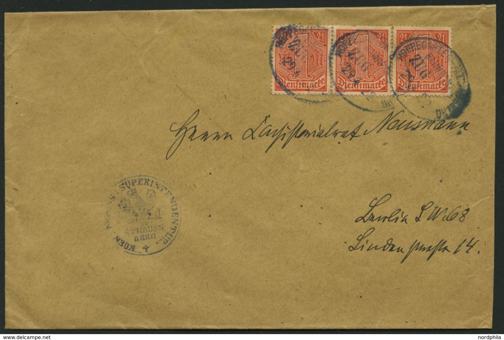 DIENSTMARKEN D 22 BRIEF, 1922, 1 M. Dkl`rotorange Im Dreierstreifen Auf Brief Mit Bahnpoststempeln HOPPEGARTEN ALTLANDSB - Dienstmarken