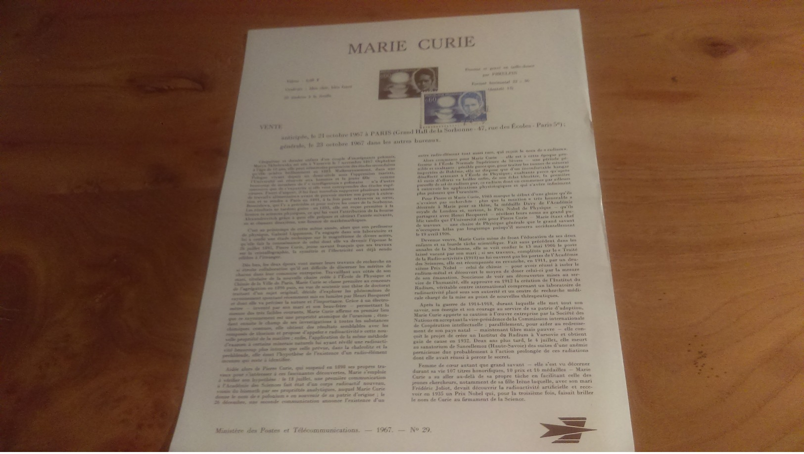 145/ 1967 N° 29 MARIE CURIE - Documents Of Postal Services