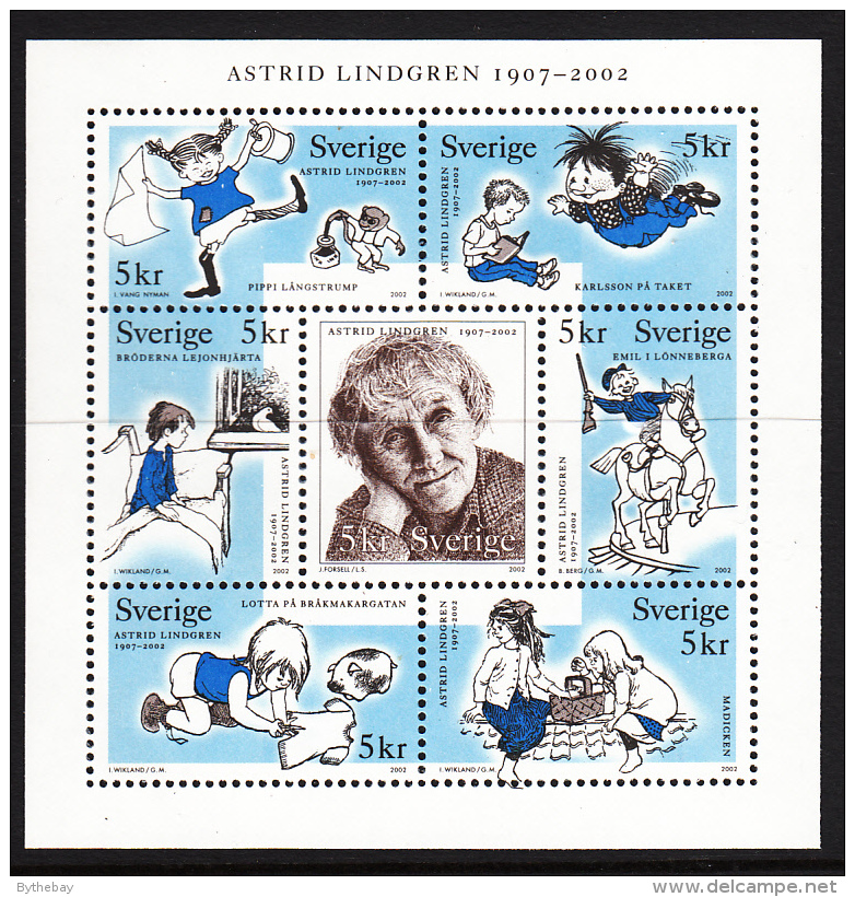 Sweden 2002 MNH Scott #2431 Booklet Pane Of 7 5k Astrid Lindgren, Children's Author - Unused Stamps