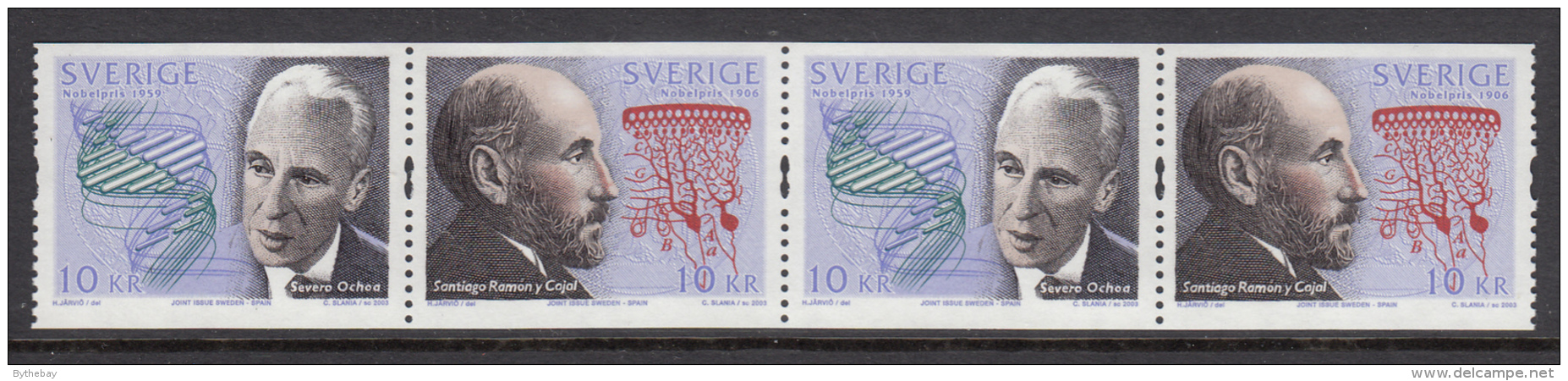 Sweden 2003 MNH Scott #2460 Strip Of 2 Pairs 10k Spanish Nobel Prize Winners Joint With Spain - Emissions Communes