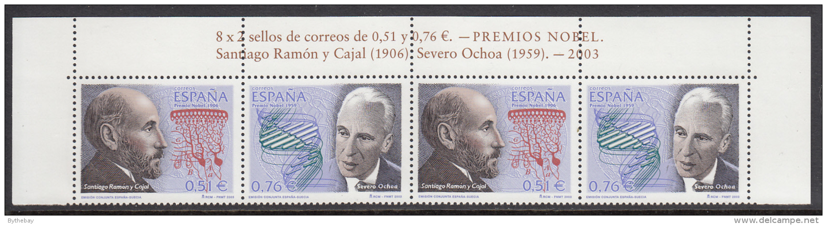 Spain 2003 MNH Scott #2304 Strip Of 2 Pairs Spanish Nobel Prize Winners Joint With Sweden - Emissions Communes