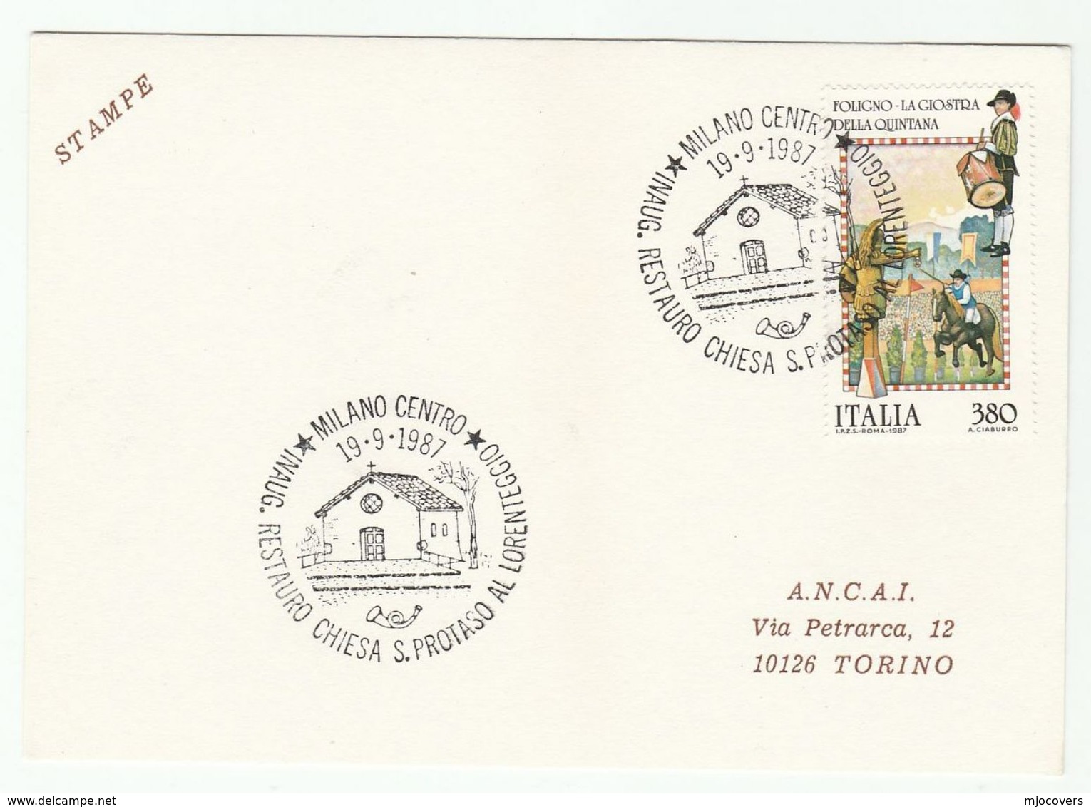 1987 CHURCH S Protaso Lorenteggio RESTORATION EVENT COVER Milan Italy Stamps Horse Drum Religion - 1981-90: Marcophilia