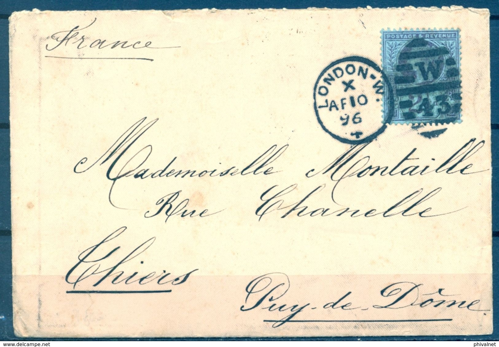 1896 , GRAN BRETAÑA , SOBRE CIRCULADO ENTRE LONDRES Y THIERS EN FRANCIA , LLEGADA. - Otros & Sin Clasificación