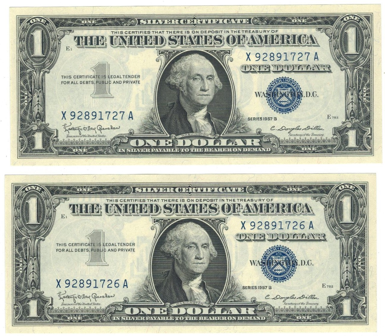 U.S.A. 1 Dollar 1957, X2 Consec. Numbers. UNC. - Silver Certificates (1928-1957)