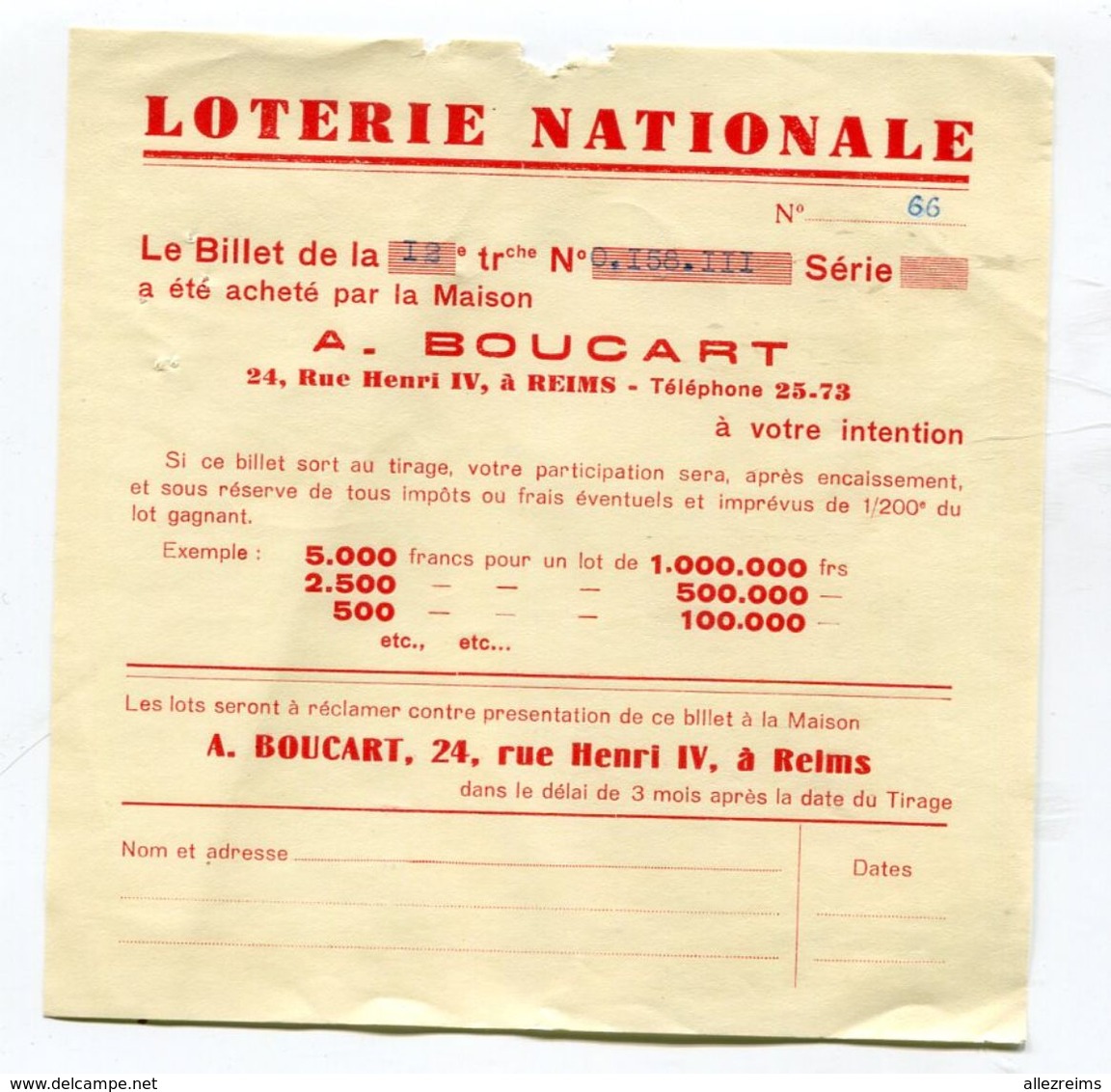 Billet Loterie Nationale  REIMS   Boucart  A   VOIR  !!! - Billets De Loterie