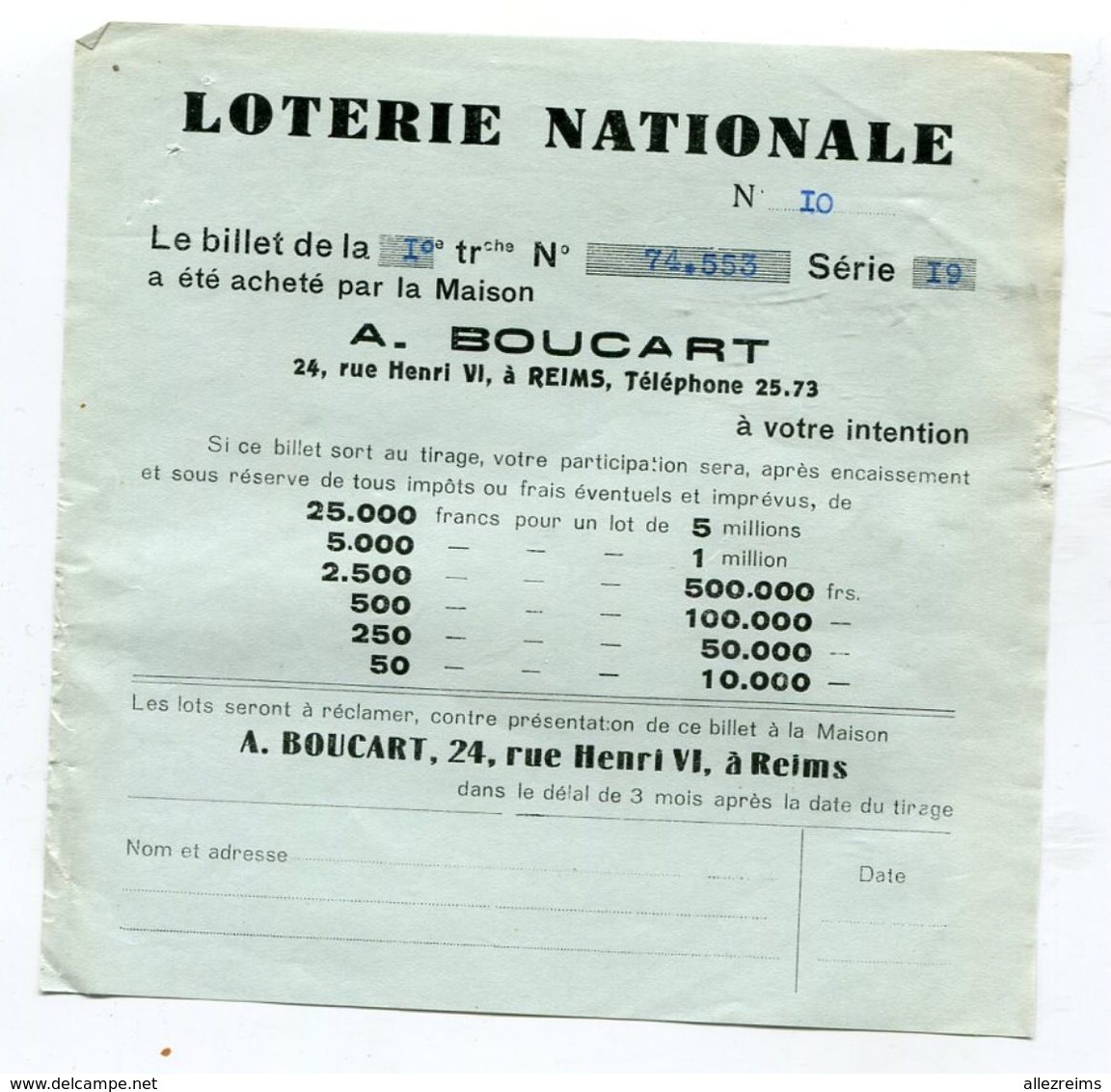 Billet Loterie Nationale  REIMS   Boucart  A   VOIR  !!! - Billets De Loterie