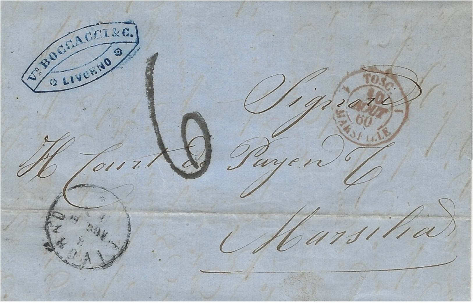 1860 - Lettre De LIVORNO Pour Marseille  - Taxr 6 D  Entrée TOSC. 1 MARSEILLE 1  Rouge - Toscane