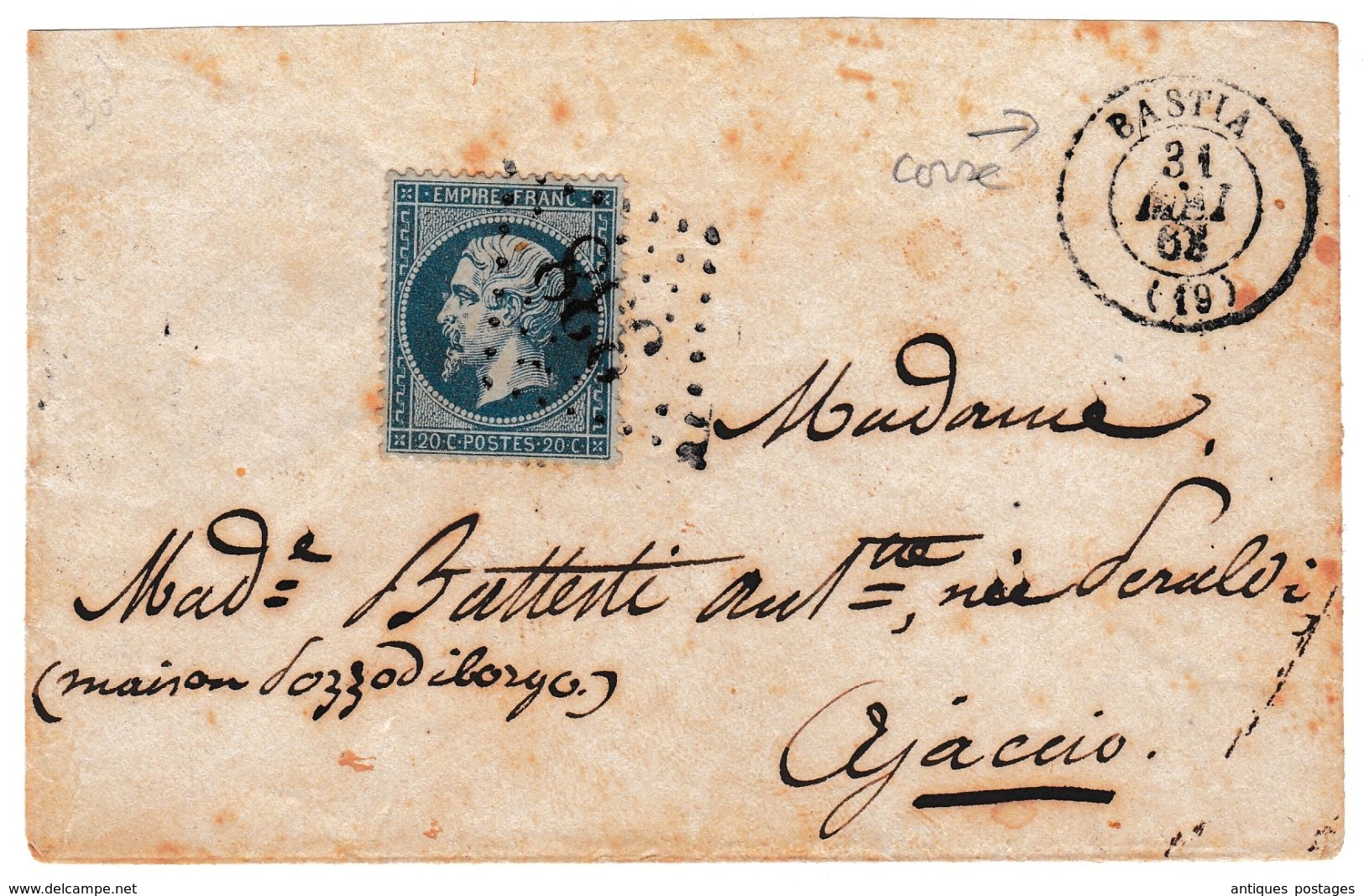 Lettre 1868 Corse Ajaccio Bastia Timbre Napoléon III Empire 20 Centimes - 1849-1876: Période Classique