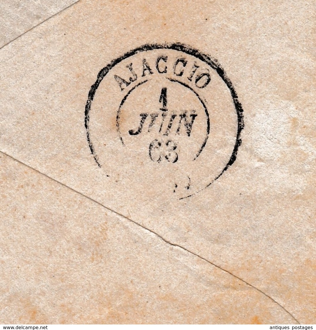 Lettre 1868 Corse Ajaccio Bastia Timbre Napoléon III Empire 20 Centimes - 1849-1876: Période Classique