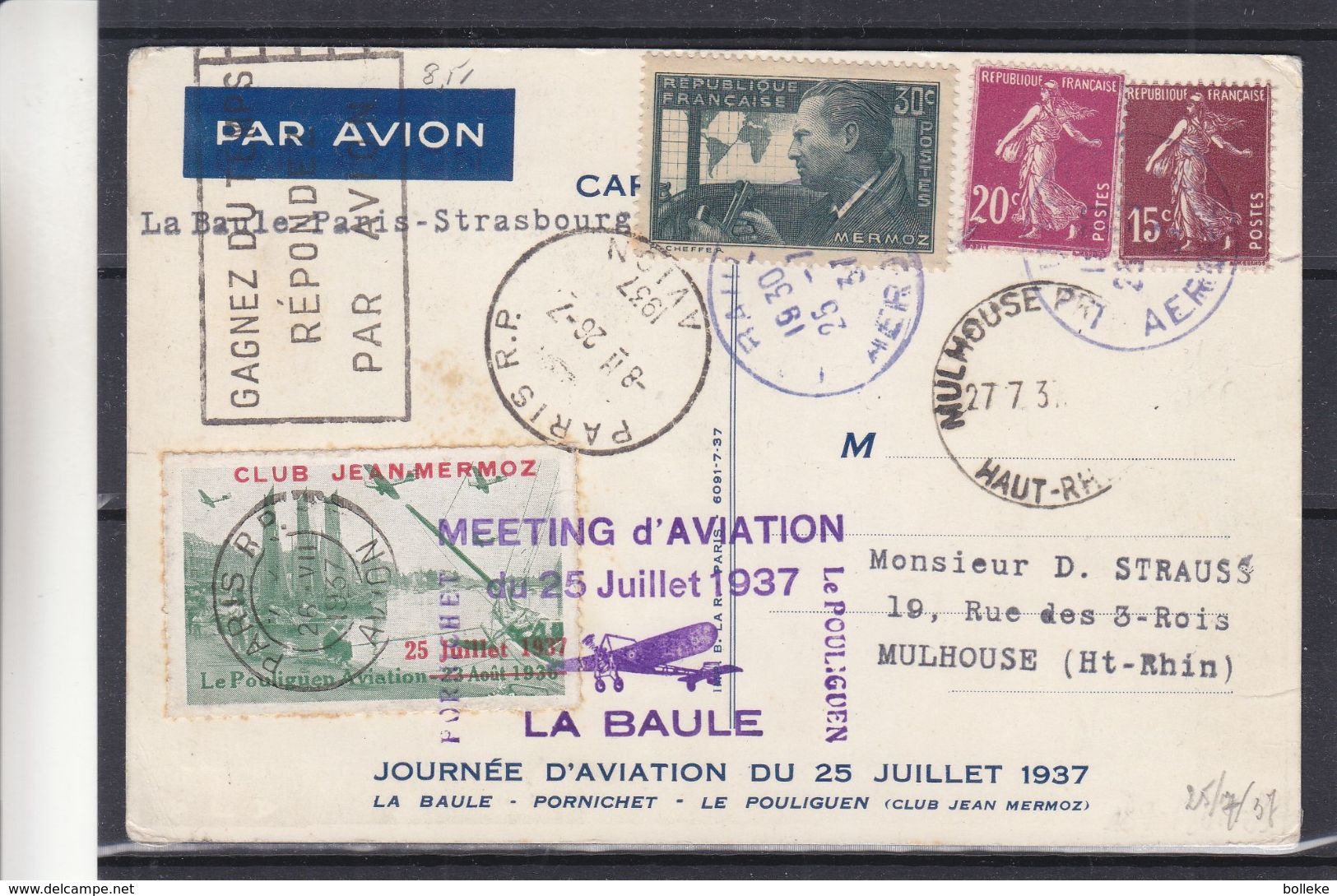 France - Carte Postale De 1937 - Oblit Bleue Railly ...aérien - Exp Vers Mulhouse - Cachet De Paris - Mermoz - Covers & Documents