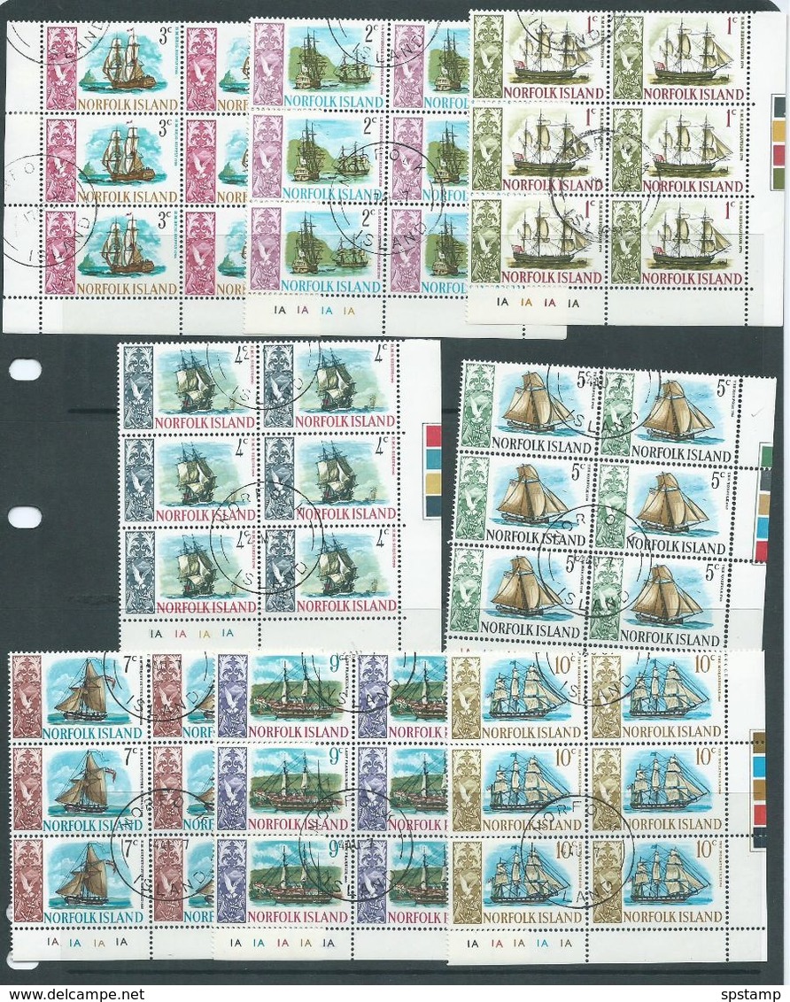 Norfolk Island 1967 Ship Definitive Set 14 As FU Corner Blocks Of 6, 13 With Plate #'s , 5c With Large Bird Var. - Isla Norfolk