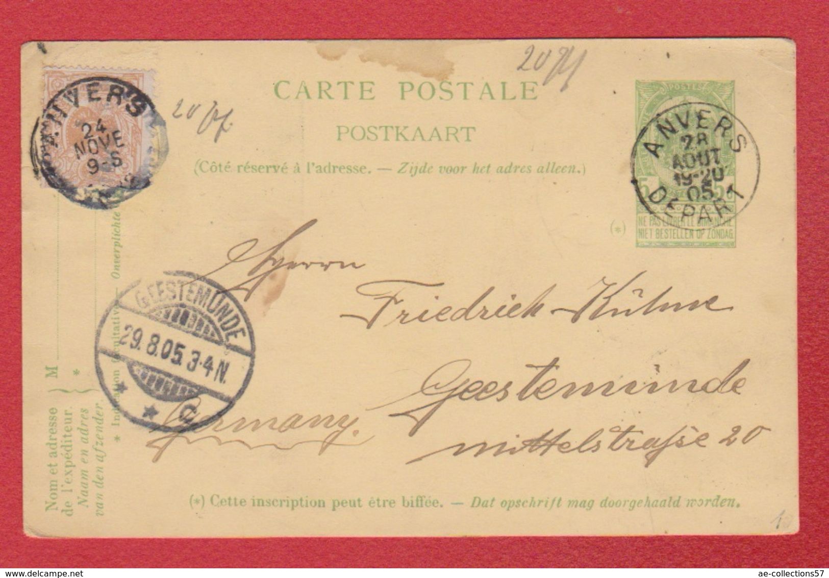 Belgique -  Entier Postal  - De Anvers  -  Pour Geestemunde  -  29/8/1905 - Cartes Postales 1871-1909