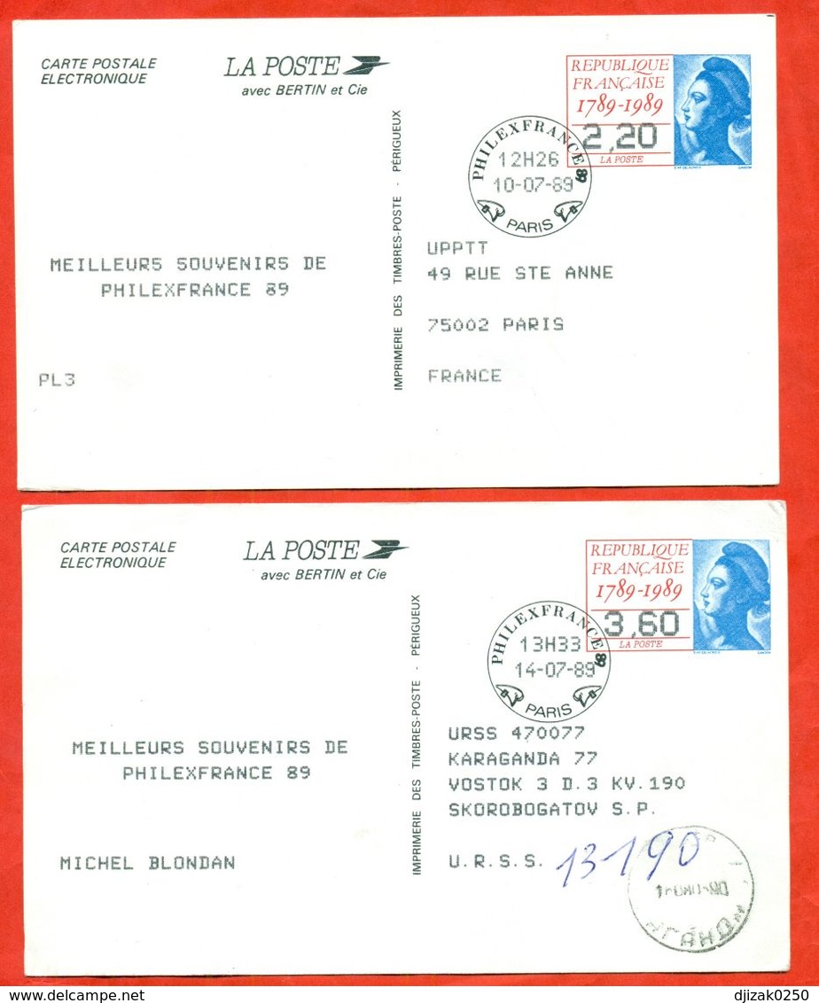 France 1989.Two Postcards From The Exhibition. Passing Mail - One Inside The Country, The Second International. - Documents Of Postal Services