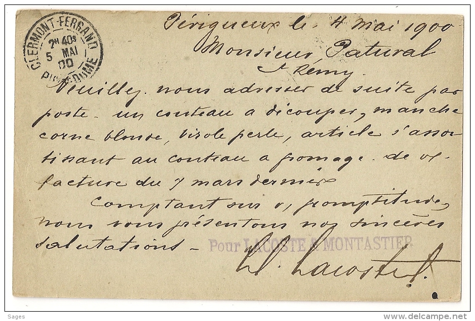 PERIGUEUX Dordogne Bloc Dateur Horaire Sur Entier SAGE Pour THIERS. - 1877-1920: Période Semi Moderne