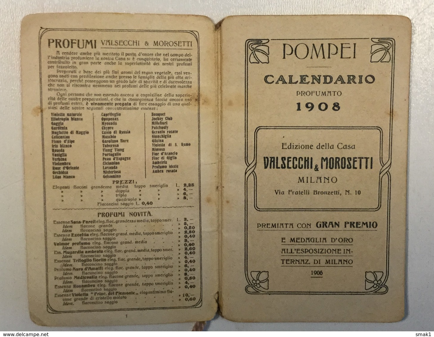 AK   POMPEI  CALENDARIO  LITHO  1908.    VALSECCHI &  MOROSETTI - Big : 1901-20