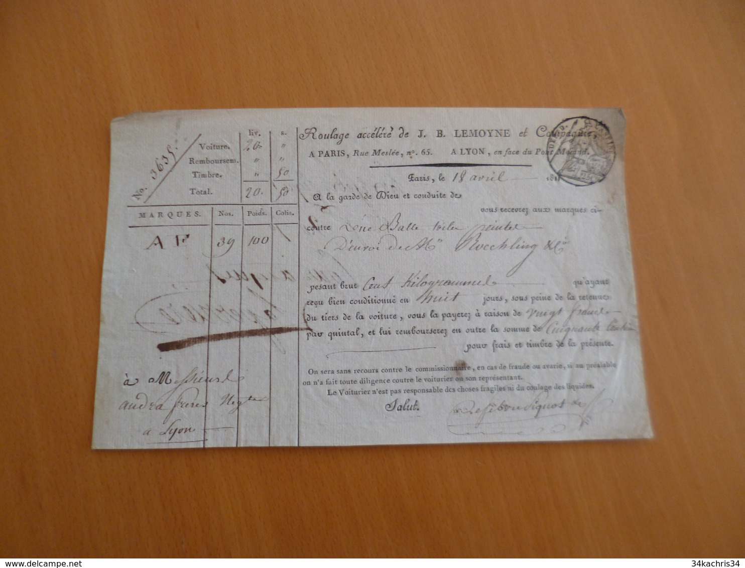 Feuille De Route Roulage Diligence Lemoyne Paris à Lyon 18/04/1811 Toiles Peintes - Transport