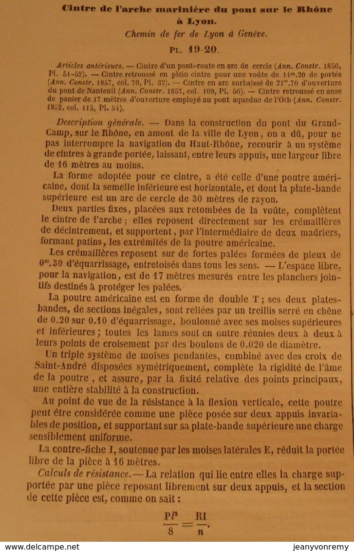 Plan Du Cintre De L'arche Marinière Du Pont  Sur Le Rhône à Lyon. Chemin De Fer De Lyon à Genève 1860 - Opere Pubbliche