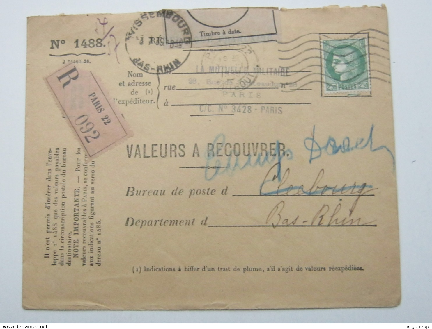 1939 , VALEURS A Recouvrer , Recommande - Lettres & Documents