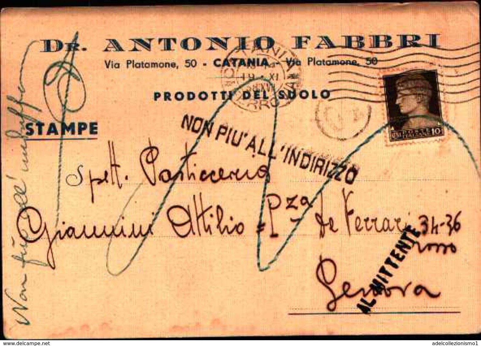 87013) Italia Stampe Con 10c.imperiale Da Catania A Genova  19/11/38 Restituita Nal Mittente - Storia Postale