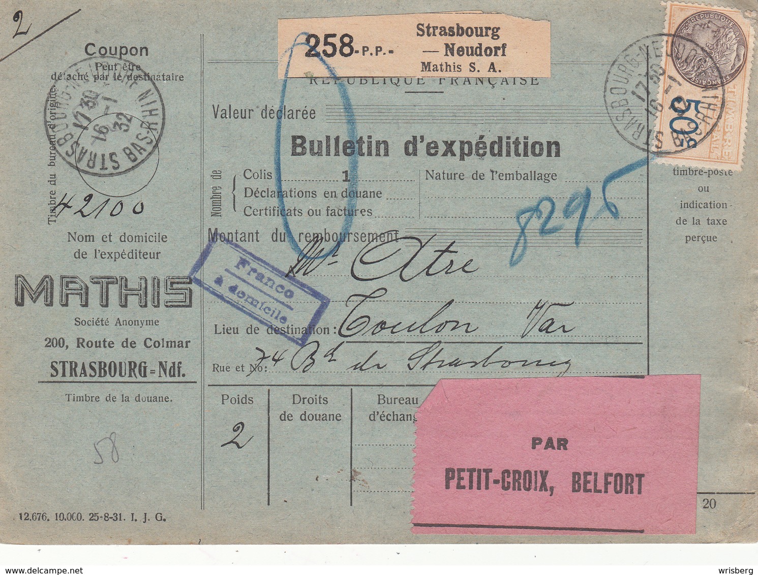 Colis Postaux - PORT PAYE D'entreprise - Mathis S. A. Sur B.E. Strasbourg Neudorf Du 16.1.32 Adressé à Toulon - Lettres & Documents