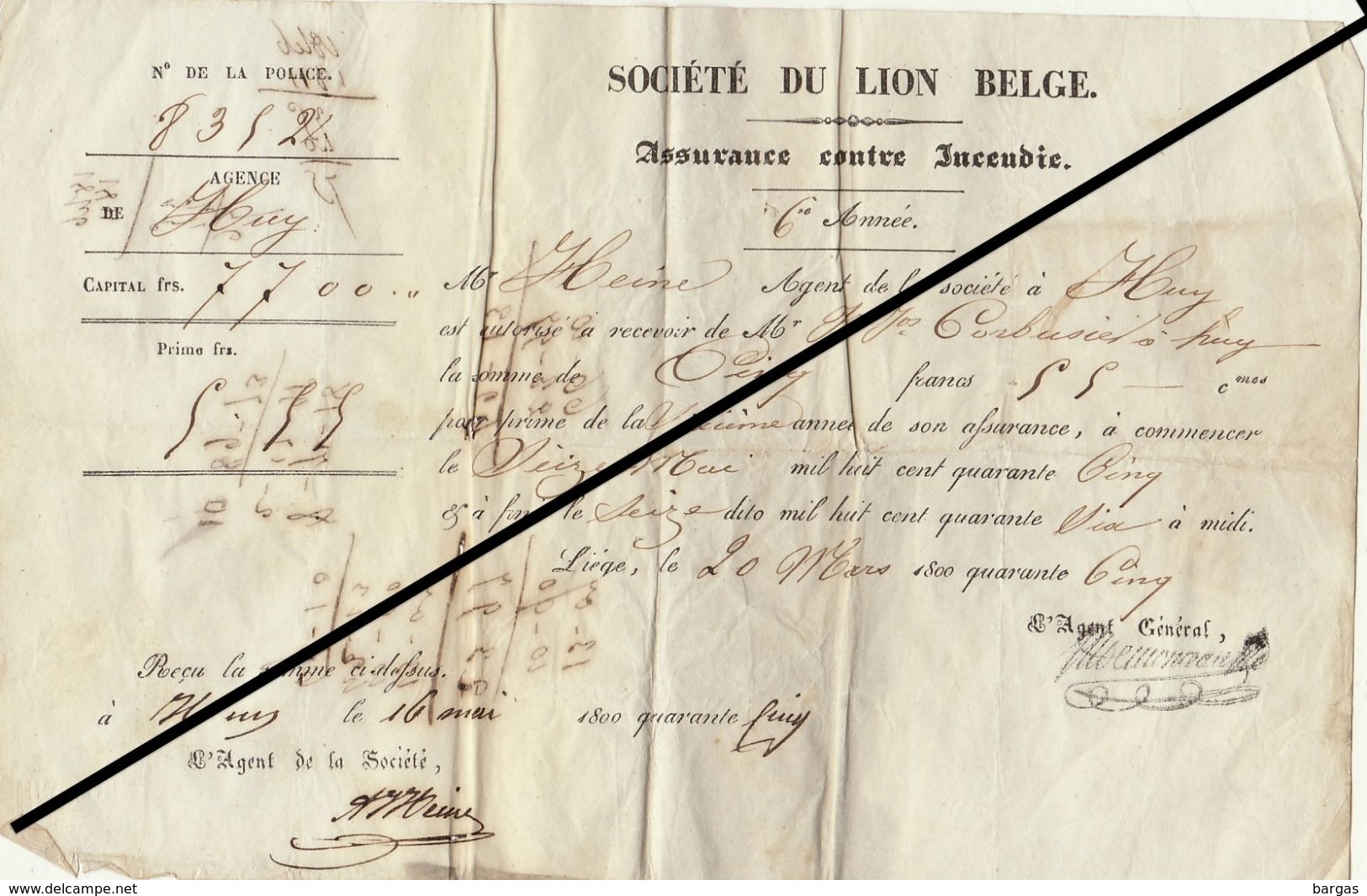 Reçu De 1845 HUY Société Du Lion Belge Henri - Corbusier Assurance Incendie - 1800 – 1899