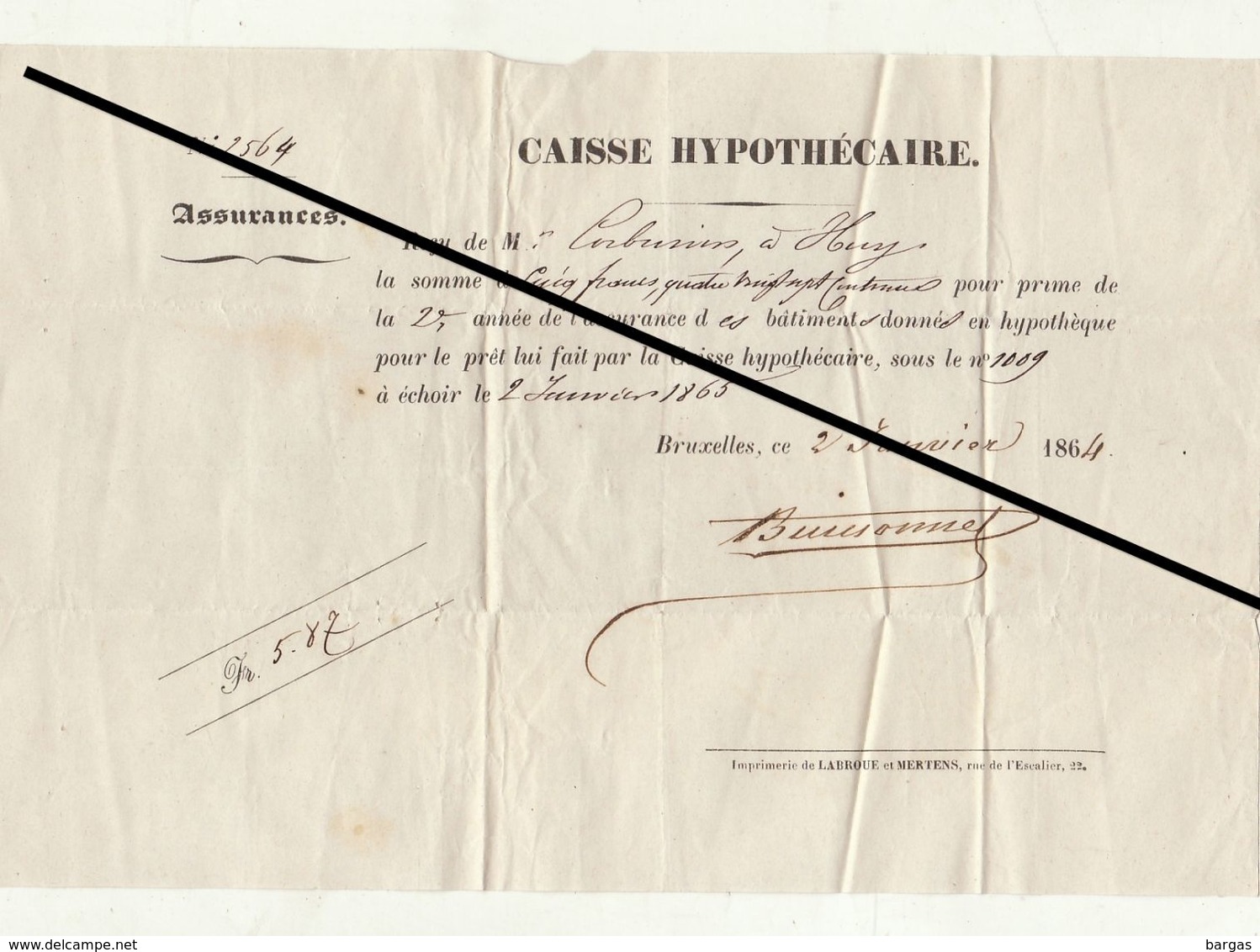 Reçu De 1864 Assurance Caisse Hypothécaire Corbusier à Huy - 1800 – 1899