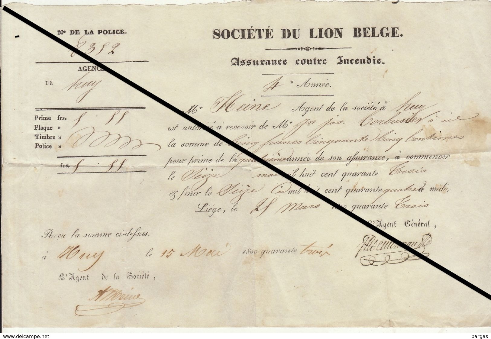 Reçu De 1843 Huy Assurance Incendie Le Lion Belge - 1800 – 1899