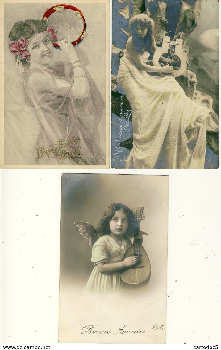 Lot De 3 Cpa Bonne Heureuse Année-Affectueux Souvenir Camilly 3 Musiciennes Tambourin-Lyre Et Guitare Petite Fille Ange - Música Y Músicos