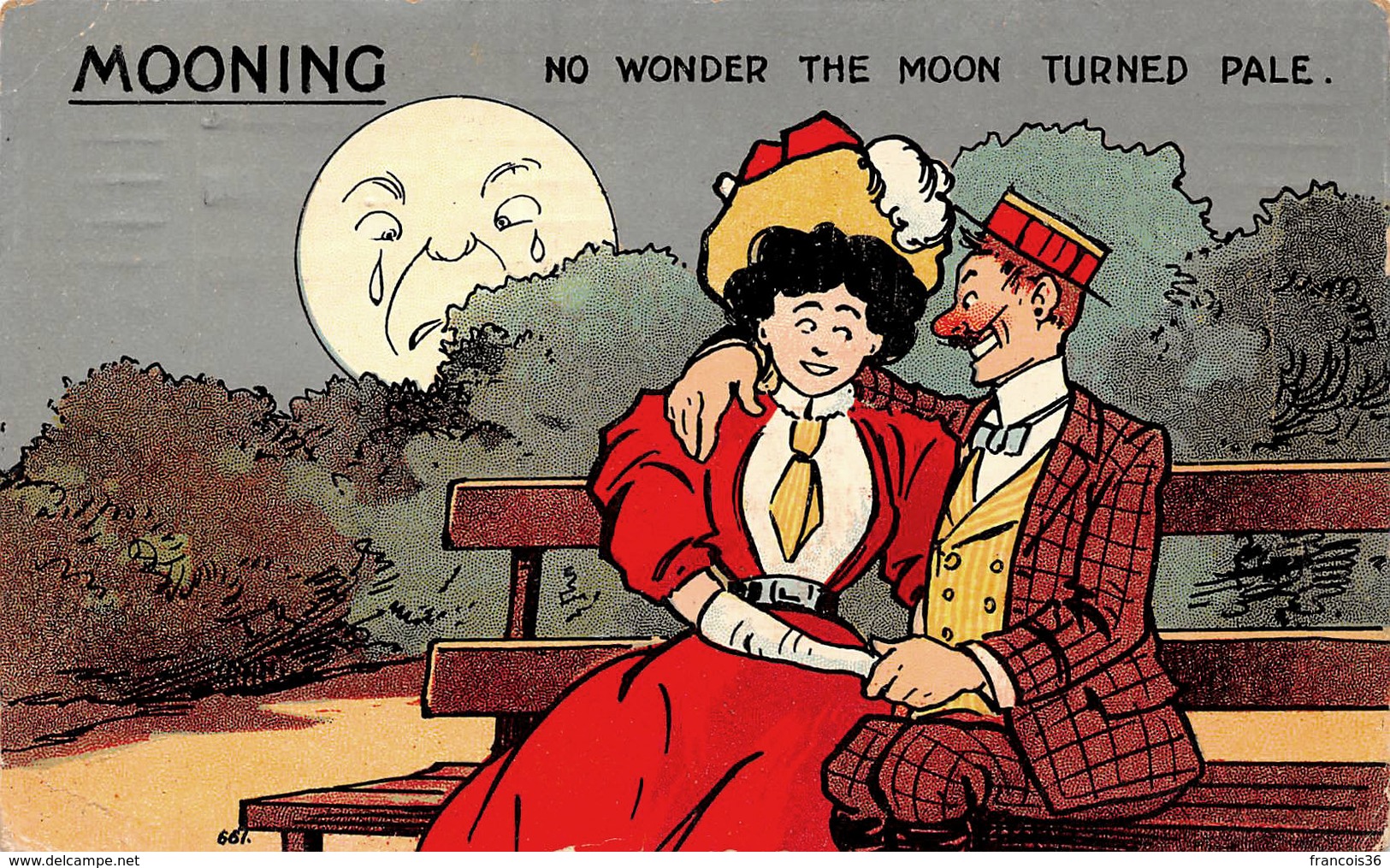 Illustration - Mooning - No Wonder The Moon Turned Pale - Couple Amour Love Flirt Lune - 1900-1949