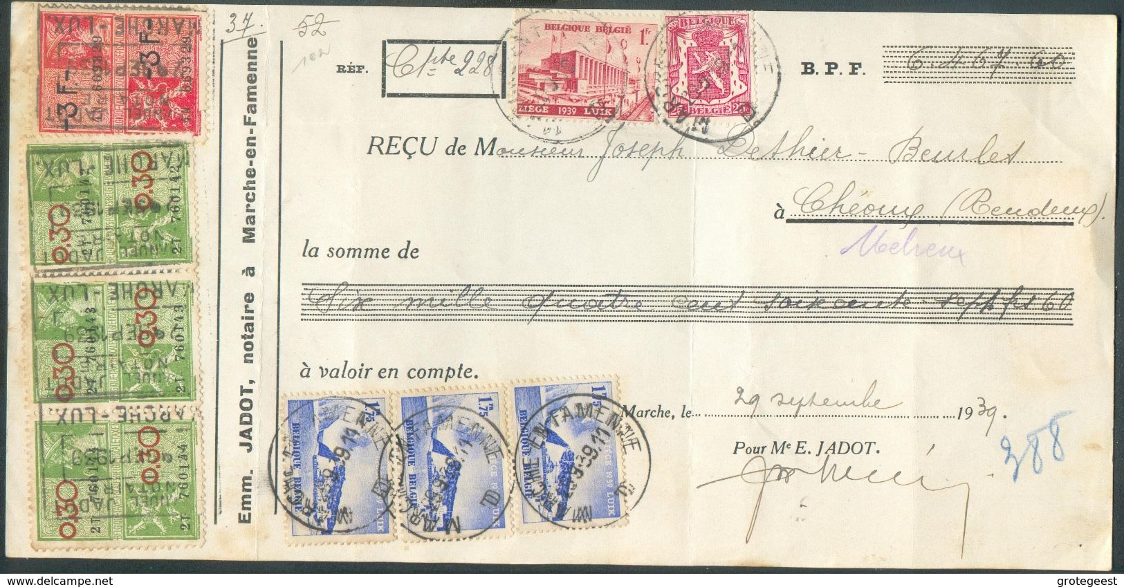 Reçu La Somme De 6467,60 Frs Affr. De MARCHE-en-Famenne 29-9-1939 (timbres De L'Exposition De L'Eau à Liège) + Fiscaux D - Documenten