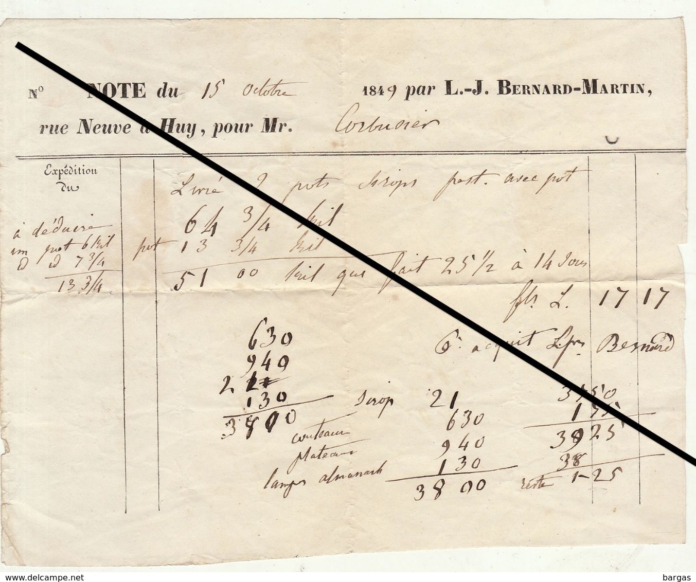 Facture De 1849 Bernard Martin à Huy - 1800 – 1899