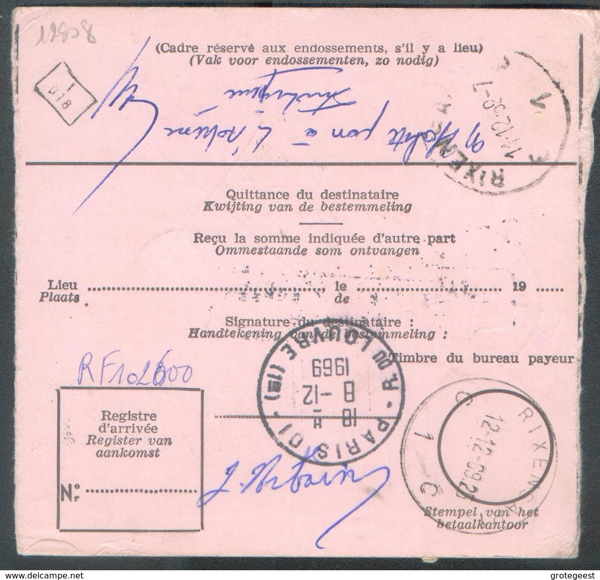 Mandat Poste International Affr. Baudouin Lunette Et Lion à 7Fr. Sc RIXENSART 2-12-1969 + Griffe Du Bureau De RIXENSART - 1953-1972 Lunettes