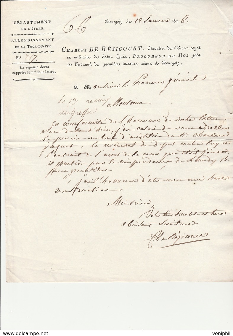 LETTRE ENTETE  ET MANUSCRITE ET SIGNE CHARLES DE RESICOURT-PROCUREUR DU ROI A BOURGOIN -1816 - Other & Unclassified