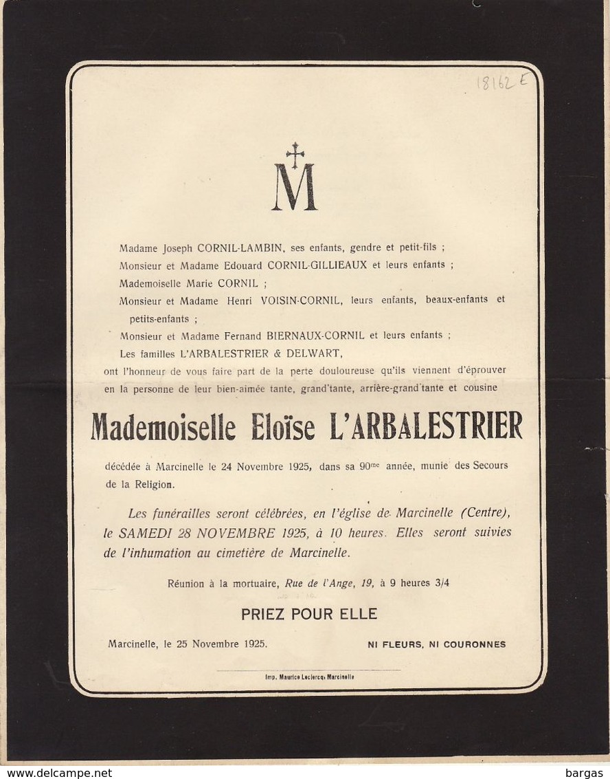 Eloïse L'Abalestrier Marcinelle 1925 Famille Cornil Lambin Gilliaux Biernaux Delwart Arbre Généalogique Au Dos - Overlijden