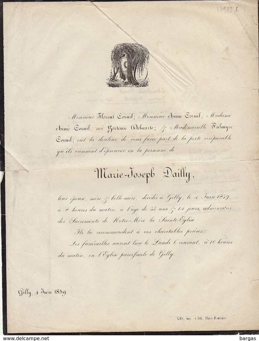 Marie Joseph Dailly Gilly 1859 Famille Cornil Delwarte Arbre Généalogique Manuscrit Au Dos - Overlijden