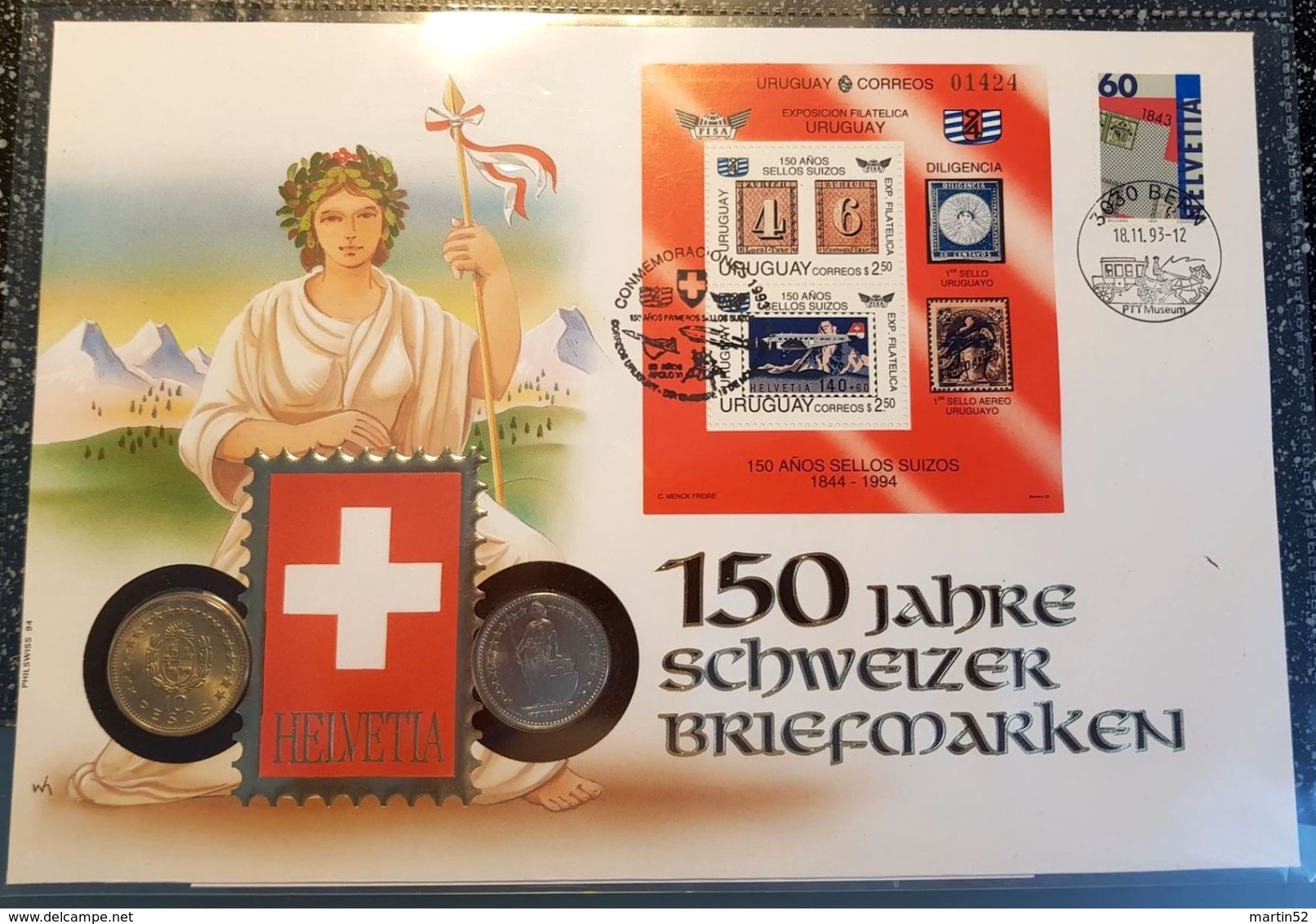 Schweiz / Uruguay 1993: Kombi-Numisbrief "150 Jahre Marken" Mit Stempel Von BERN & MONTEVIDEO (mit CHF 2.00-Münze) - Timbres Sur Timbres